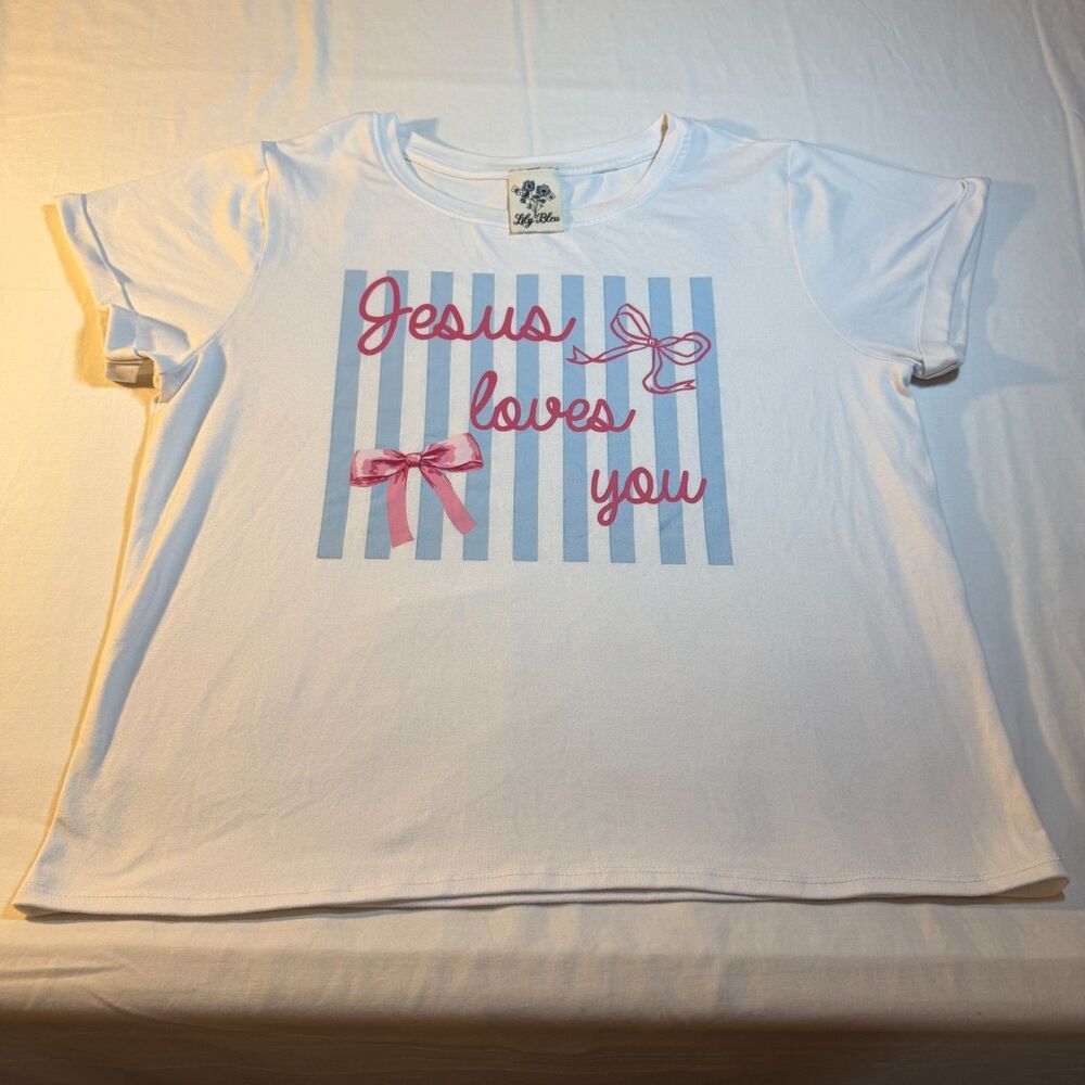 Lily Bleu XL Jesus Loves You Graphic Tee Girls White Cotton Preppy Coquette Bow